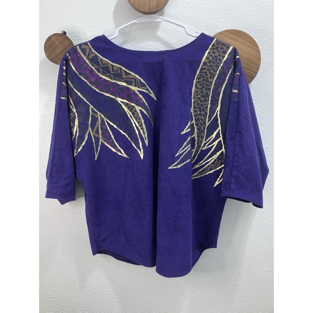 VTG 80s Purple Wearable Art Caribou Metallic Pearl Print Dolman Sleeve USA XL